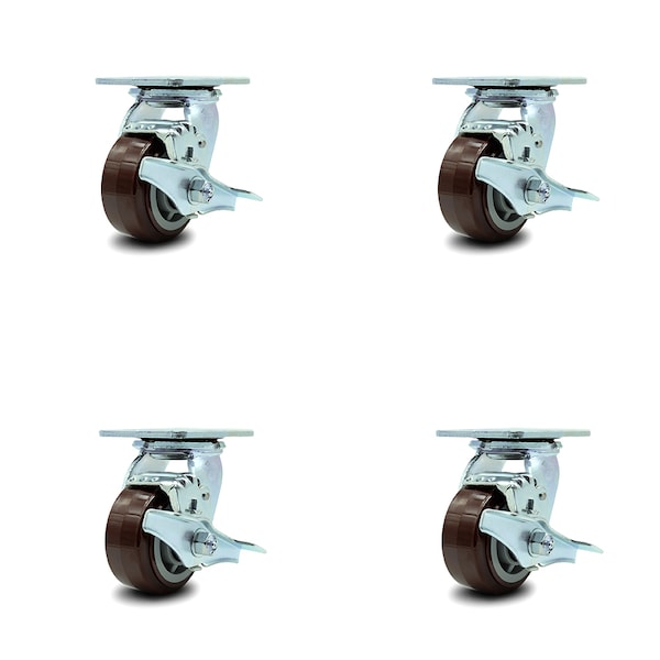 4 Inch Polyurethane Caster Set with Ball Bearings and Brake/Swivel Lock SCC